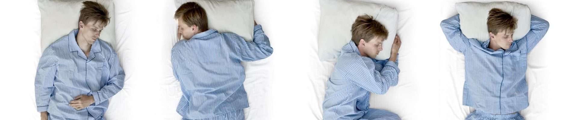 A man tries different sleeping positions in bed.